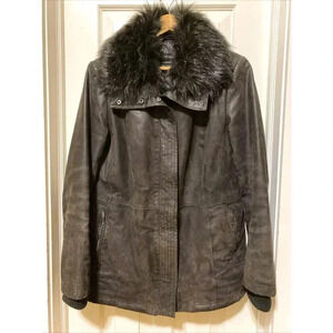 Danier Brown Leather Jacket with Black Fur Collar